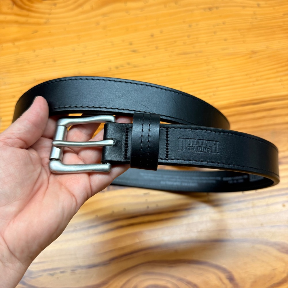 Duluth Trading Co Mens‎ Black Leather Lifetime Belt 44 Solid Brass Buckle 11019